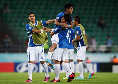 Players of El Salvador celebrate after the FIFA U-20 World Cup Group C match between Australia and El Salvado at Yeni Sehir Stadium on June 25, 2013 in Rize, Turkey. (Photo by FIFA)